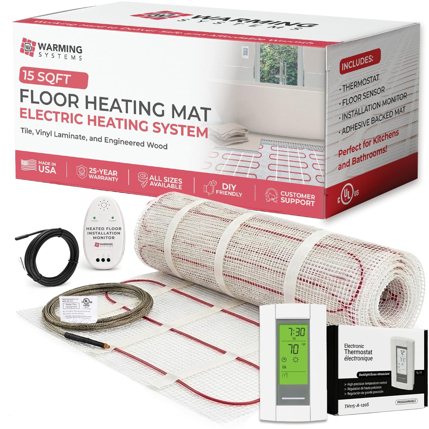 Warming Systems - 15 Sqft 120V Electric Radiant Floor Heating Mat – Includes Heating Mat, Programmable Thermostat, Thermostat Floor Sensor, Installation Monitor and Under Tile Heater
