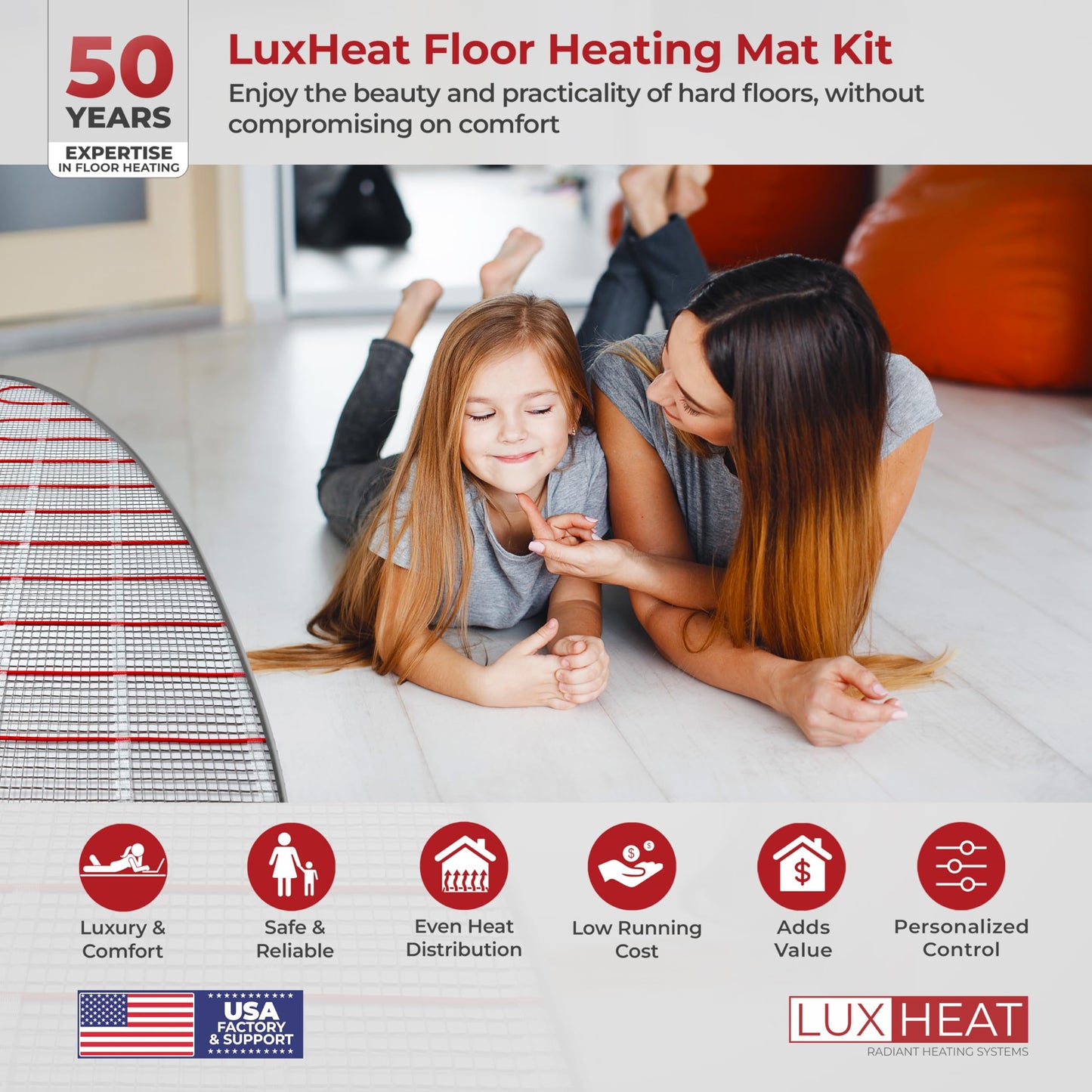 LuxHeat 40sqft Floor Heating Mat Kit - 120v Under Floor Heating System - Complete Electric Radiant Heated Flooring System Includes Alarm, UDG4 Programmable Thermostat w/GFCI & Flooring Sensor