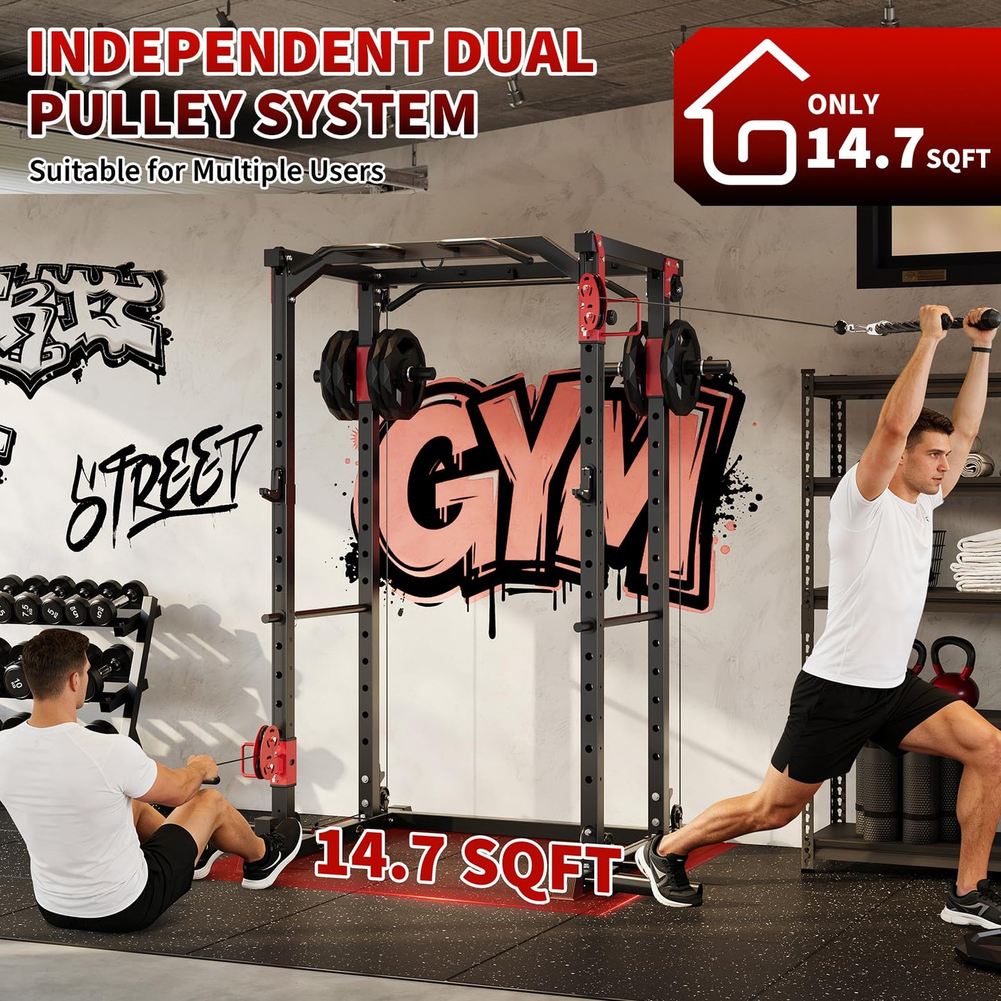 GarveeLife Power Cage, Power Rack with Cable Crossover System, 2000LBS Squat Rack with LAT Pull Down System, Workout Cage with Pulley System for Fitness Home Gym Strength Training(Red and Black)