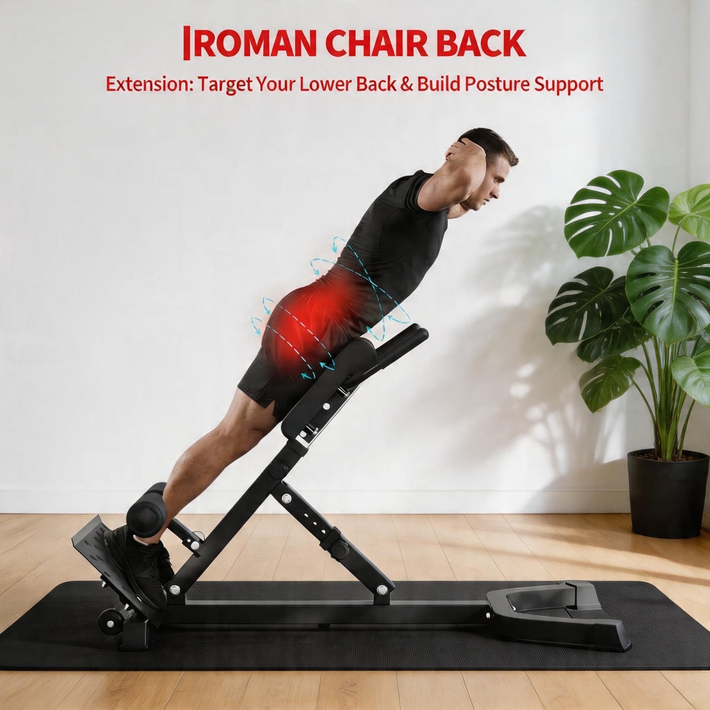 Foldable Roman Chair with Wheels - 6 Height & 5 Angle Adjustable Hyperextension Bench for Glutes and Core - Multi-Function Back Exercise Machine, 300 Lbs Capacity