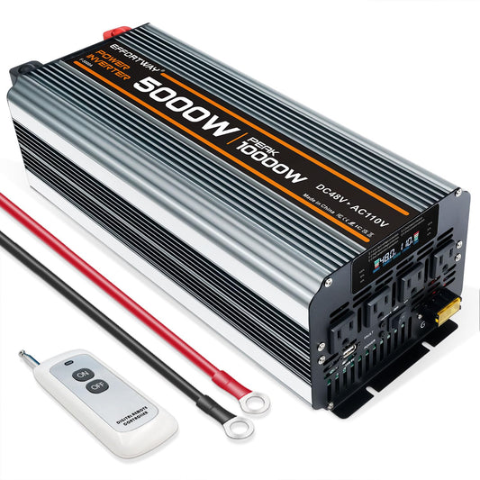 EFFORTWAY Power Inverter DC 48V to AC 110V/120V Converter with LCD Display, Wireless Controller, Cable Pair,AC outlets USB.RV Travel,Suitable for Camping,and Off-Grid Solar Systems (5000w -48v)