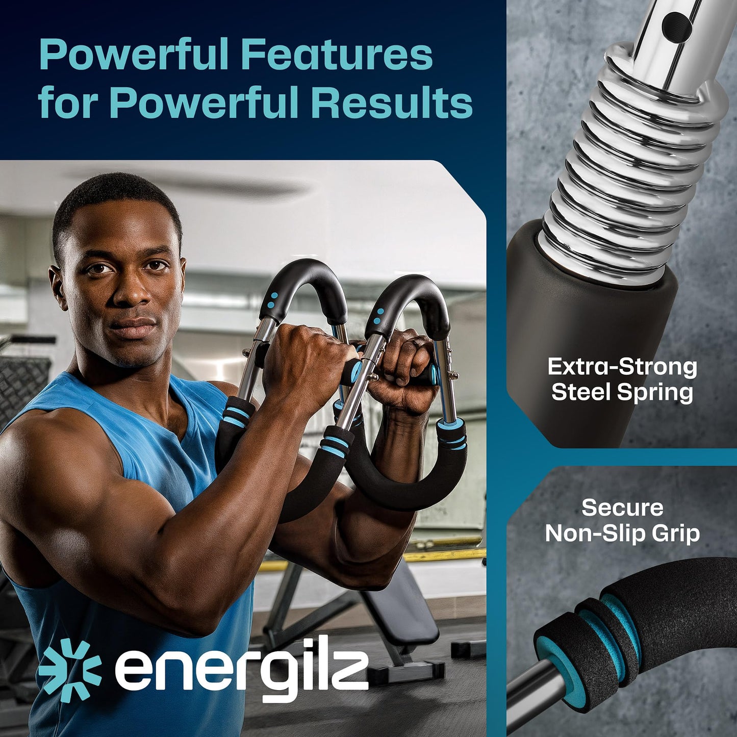 ENERGILZ Twister Arm Trainer | Chest Workout Equipment Also for Biceps, Shoulders, Forearms, Back, Legs; Arm Chest Trainer for Men, Women, Beginners, Pros | 2 Spring Sets, 6 Resistance Levels (Blue)