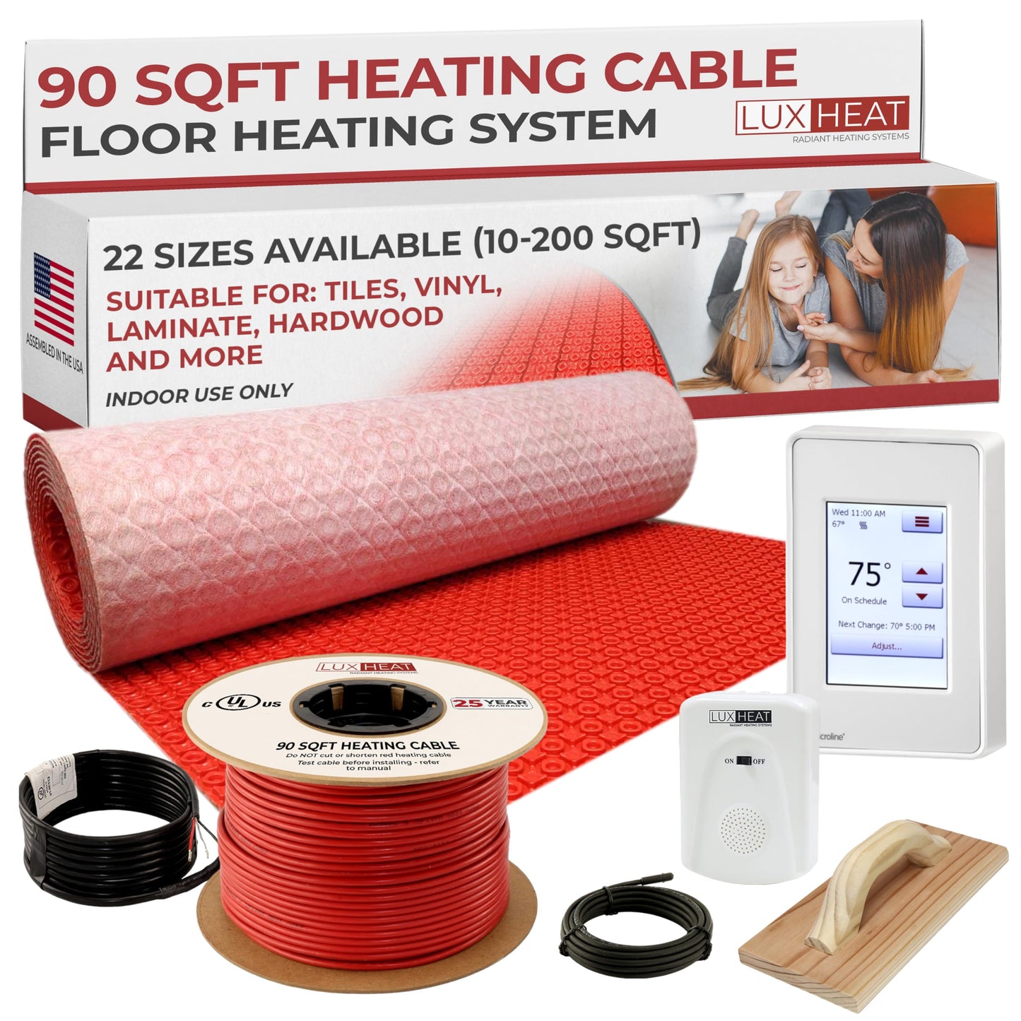 LuxHeat 90sqft Electric Radiant Floor Heating System - 120v Tile Floor Heating Kit for Vinyl - Includes UDG4 Programmable Thermostat w/GFCI, Heater Cable, Uncoupling Membrane, Flooring Sensor & Alarm