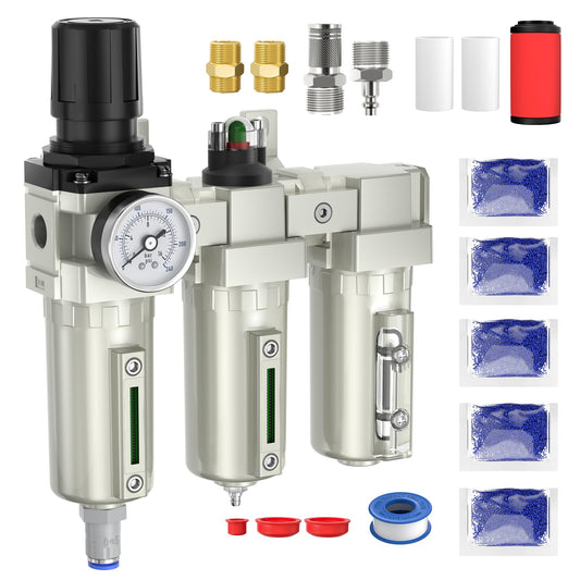 1/2" NPT Air Compressor Water Separator, Industrial Grade 3 Stage Air Drying System with 0-240 PSI Air Regulator, Particulate Filter, Coalescing Filter, Desiccant Dryer, Metal Bowl, Auto Drain