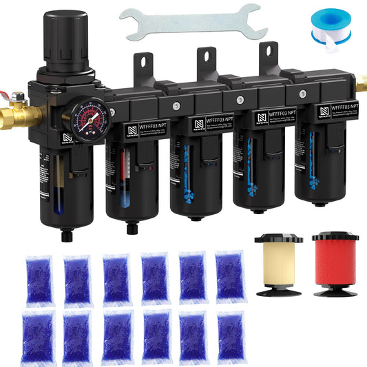 NEWPO 3/8" NPT 5 Stage Air Dryer for Compressor,Air Pressure Regulator with 5＆0.01 Micron Filter Cartridge,Triple Desiccant Dryer & Air Drying System,Semi-Auto Drain (Black)