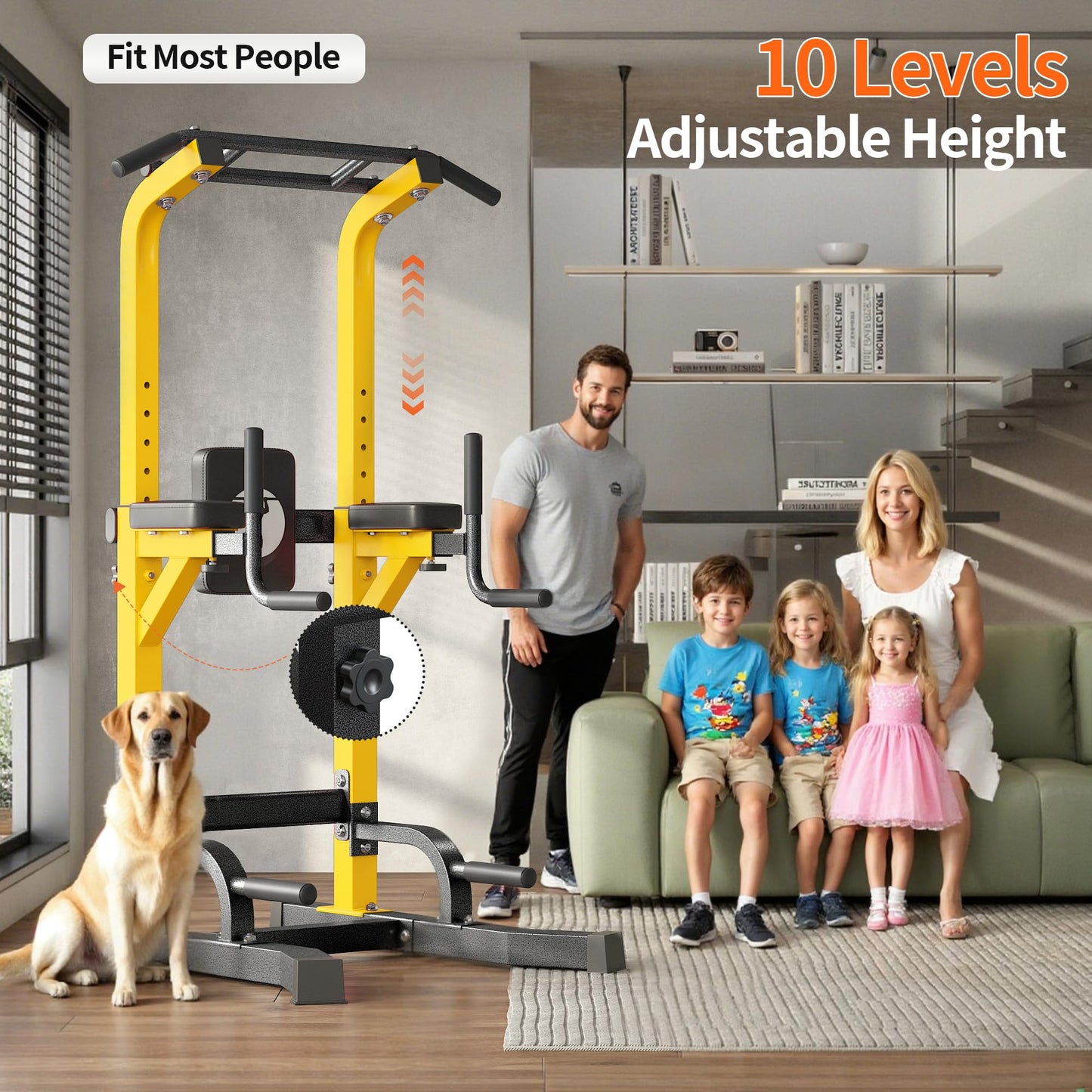 SogesPower Multi-Function Power Tower Pull Up Bar Station Pull Up Dip Station for Home Gym, Adjustable Height Pull Up Bar Stand Dip Bar Strength Training Workout Equipment, Yellow