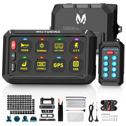 MICTUNING P1Y+ 8 Gang Switch Panel Wireless Remote Control Up to 230FT, Up to 5-Panels Simultaneously, Multifunction Toggle Momentary Flash Strobe Switch Pod with Backlit Off for Car Boat RV Offroad