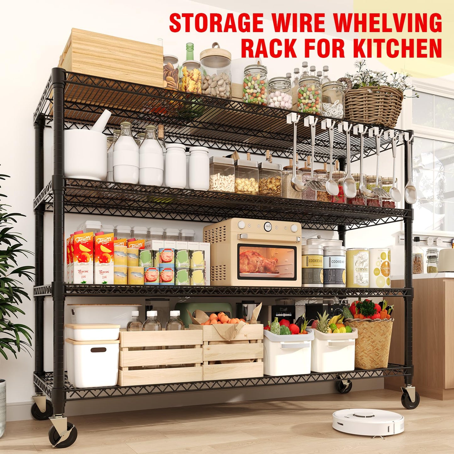 72" H x 59" W x 18" D Storage Shelves with Wheels, 4 Tier Adjustable Wire Shelving Unit, 2640 Lbs Capacity Heavy Duty Metal Storage Rack for Garage, Pantry, Kitchen, Warehouse, Commercial Use