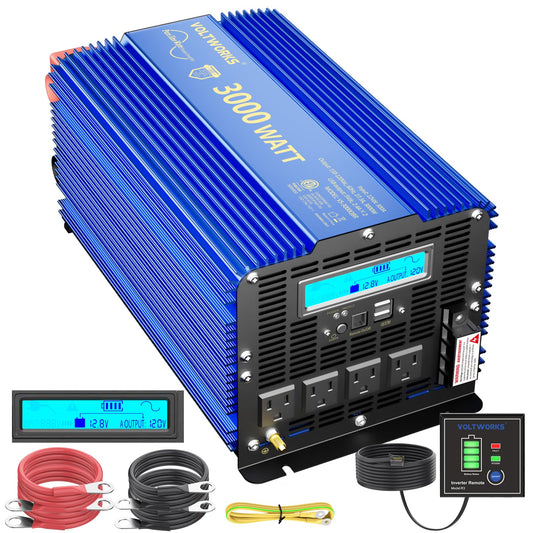 VOLTWORKS 3000W Pure Sine Wave Power Inverter 3000 Watt 12V DC to 110V 120V AC ETL Listed UL458 Compatible with Starlink & Lithium Battery for Off-Grid Solar Car RV Truck Boat with 30FT Wired Remote