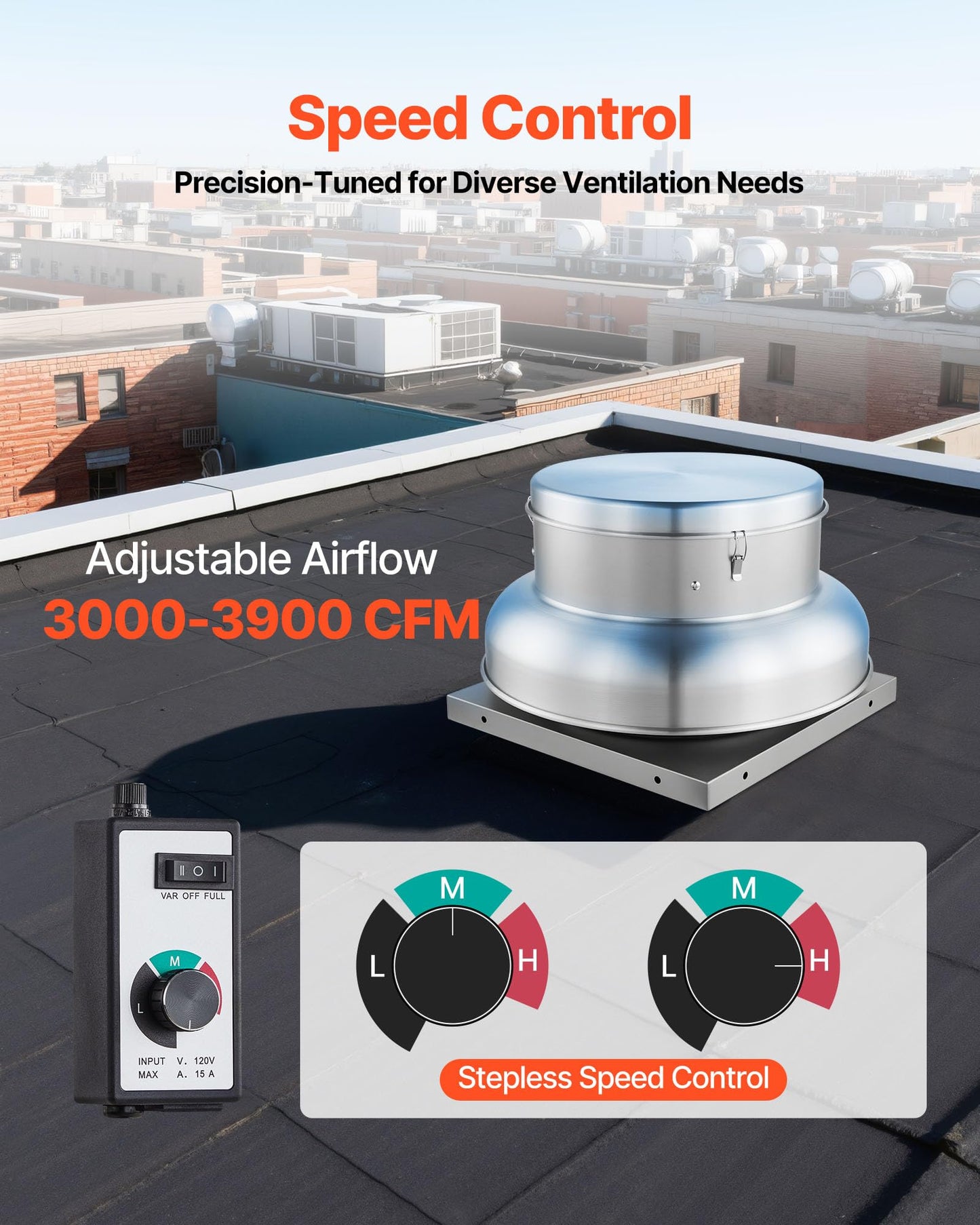 VEVOR Roof Exhaust Fan, 3000CFM & 3900CFM Adjustable Speed Control Attic Vent Fan with High-Power Motor, 24.8inch Fan Base Heavy-Duty Aluminum Alloy, Compact for Garage,Kitchen,Bathroom,Silver