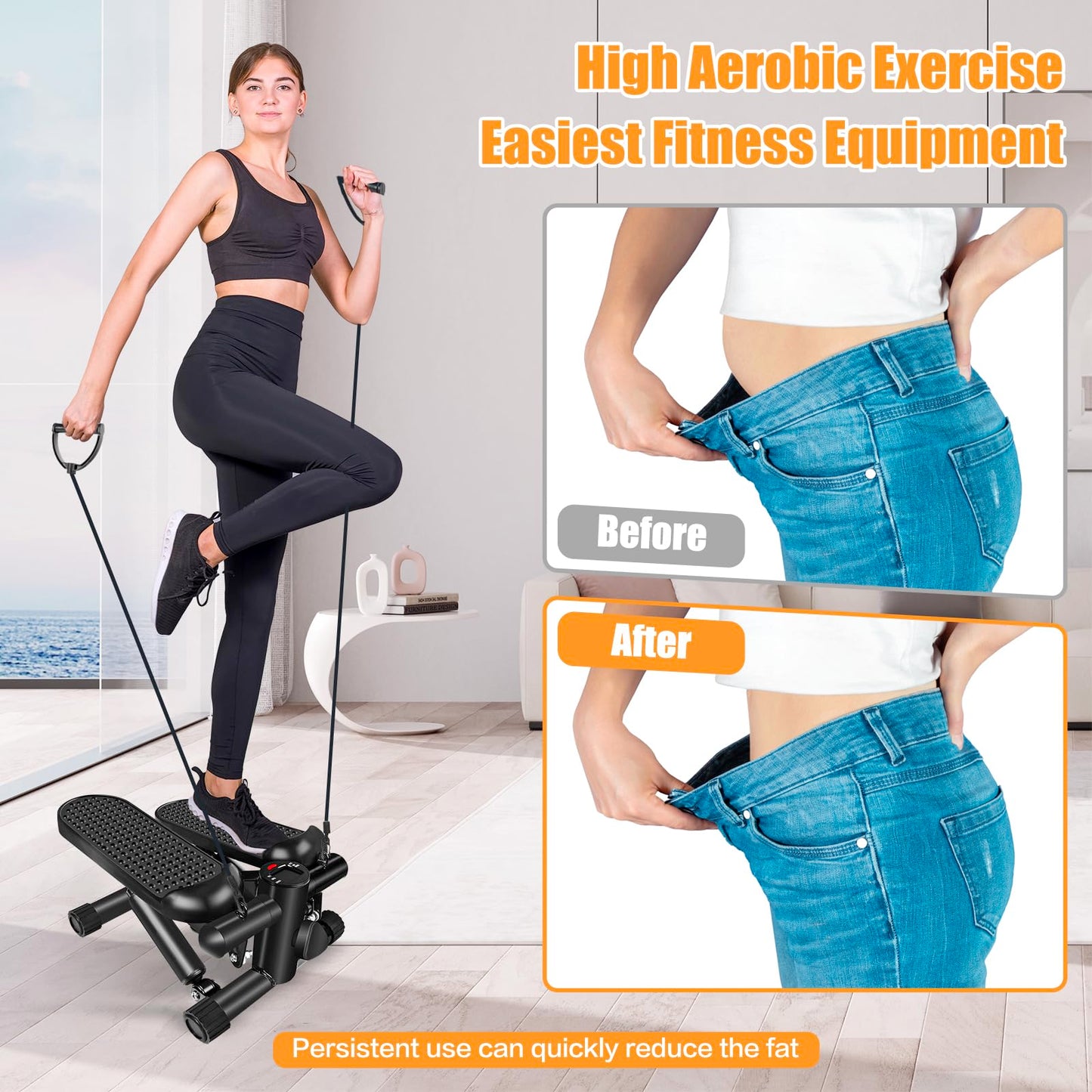 Hydraulic Fitness Stepper with LCD Monitor - Mini Stepper and Resistance Bands