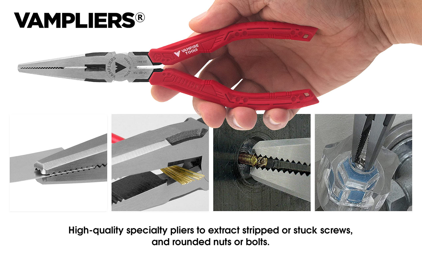 VAMPLIERS 4-PC Screw Extractor Pliers Set Made in Japan: 8" Linesman, 7.5" Long Nose, 6.25" Combination, 5" ESD Safe Mini Plier + Tool Pouch. Remove any Stripped/Damaged/Rusted Screws.