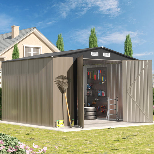 Quinora 8×10 FT Metal Shed Outdoor with Peaked Roof, Weather Resistant Outdoor Storage Shed with Lockable Double Doors for Backyard, Patio Lawn, Garden
