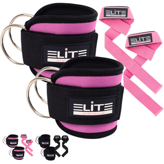 Elite Athletics Ankle Strap for Cable Machine, Gym Ankle Cuff for Cable Kickback, plus Wrist Lifting Straps for Weightlifting, Deadlift and Carry Bag (Pink)