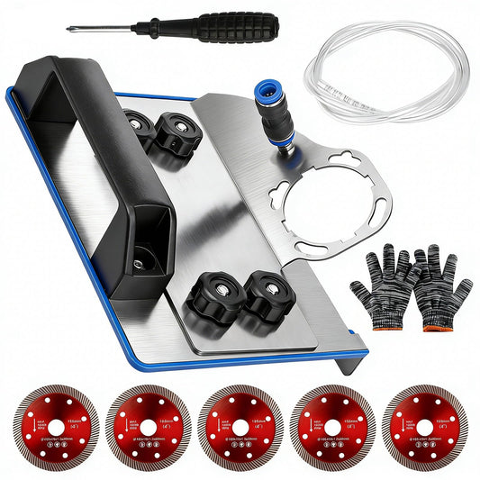 45 Degree Tile Chamfering Tool for 100-Type Angle Grinders, Universal Stand with 5 Diamond Saw Blades, Gloves, 39 Inch Hose, Screwdriver, Adapter Washers