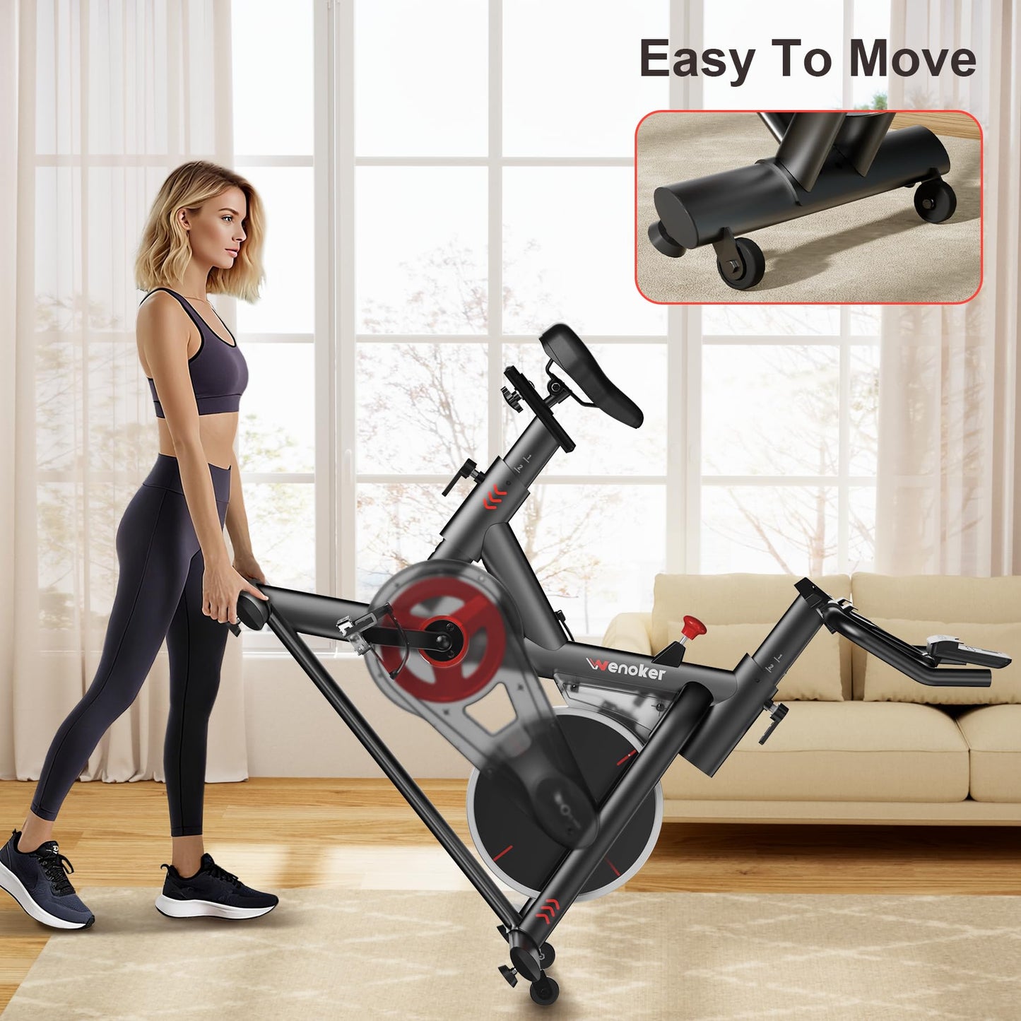 Wenoker Exercise Bike for Home – 350LB Indoor Cycling Bike, Low Noise Stationary Spin Bike with App Sync, Adjustable Seat, LCD Monitor, Smooth & Quiet for Cardio Workout