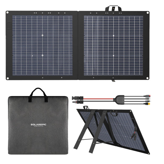 SolarEpic 110W Foldable Solar Panel, Bifacial Monocrystalline, 25.9 Voc Output, Waterproof, for Portable Power Station, Camping, RV, with Kickstand and Carrying Bag
