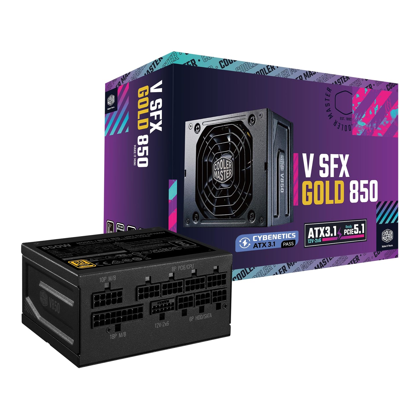 Cooler Master V850 SFX Gold 850W Small Form Factor PSU ITX SFF Power Supply, Fully Modular, 80 Plus & Cybenetics Gold Certified, ATX 3.1, PCIe 5.1 Ready, 90° 12VHPWR Cable, 10-Year Warranty, Black