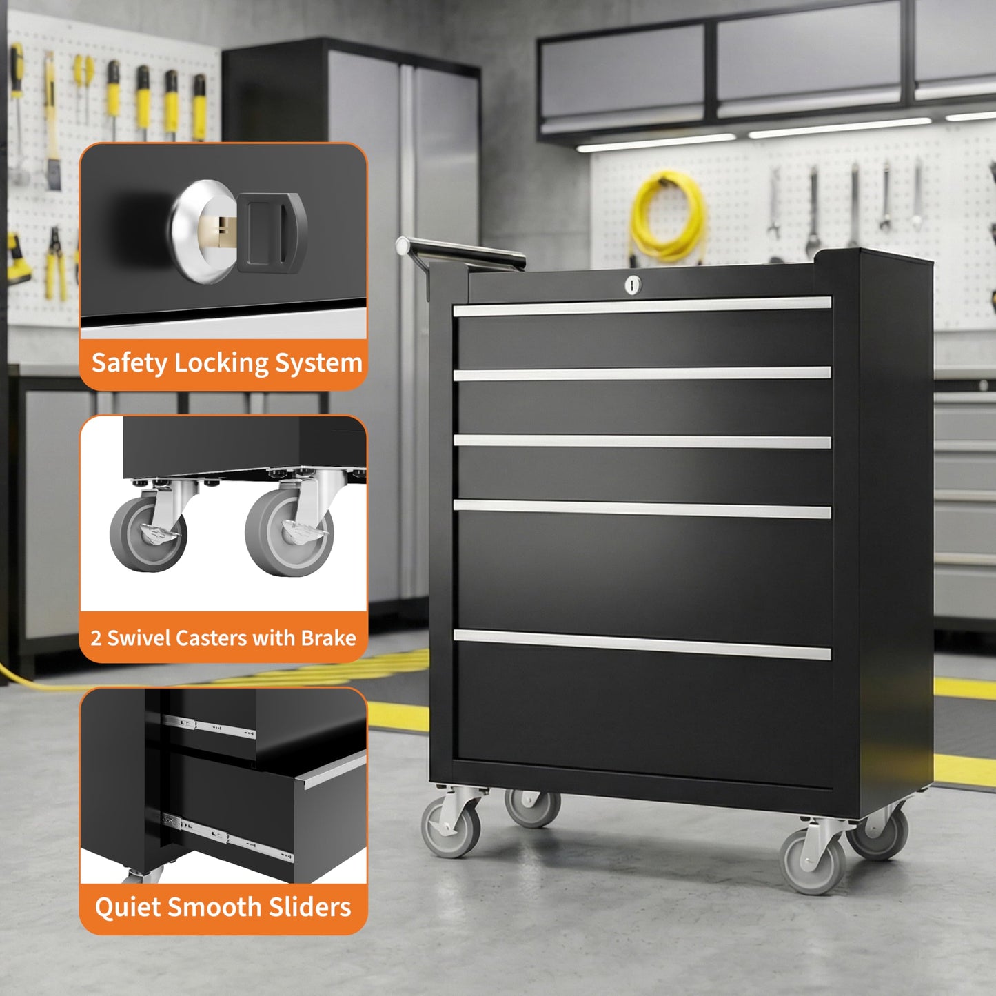 PeakPursuit 5-Drawers Rolling Tool Chest, Portable Tool Box with Wheels and Lock System, Secure Storage Cabinet for Warehouse, Workshop, and Repair Shop, Black