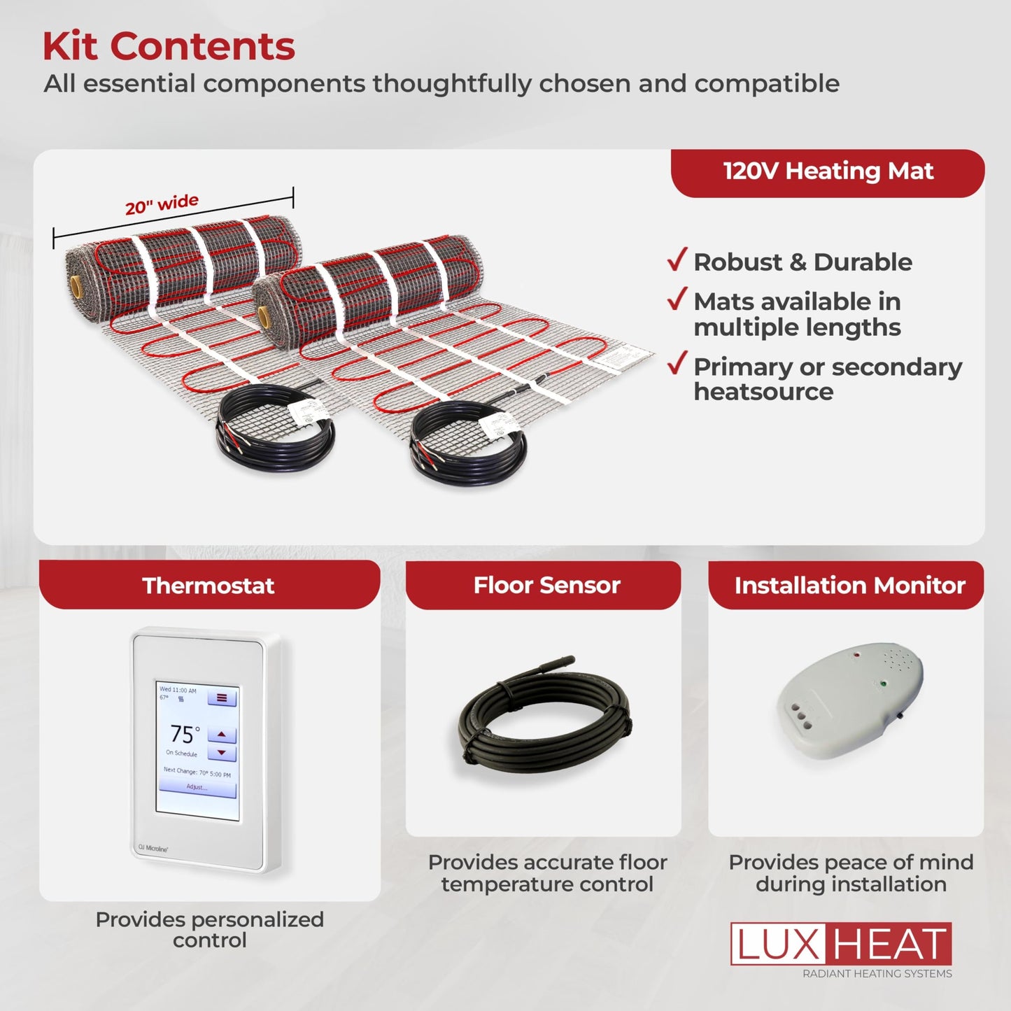 LuxHeat 120sqft Floor Heating Mat Kit – 120v Electric Radiant Heated Flooring Kit – Heated Flooring System for Tile & Laminate - Includes UDG4 Programmable Thermostat w/GFCI, Alarm & Sensor