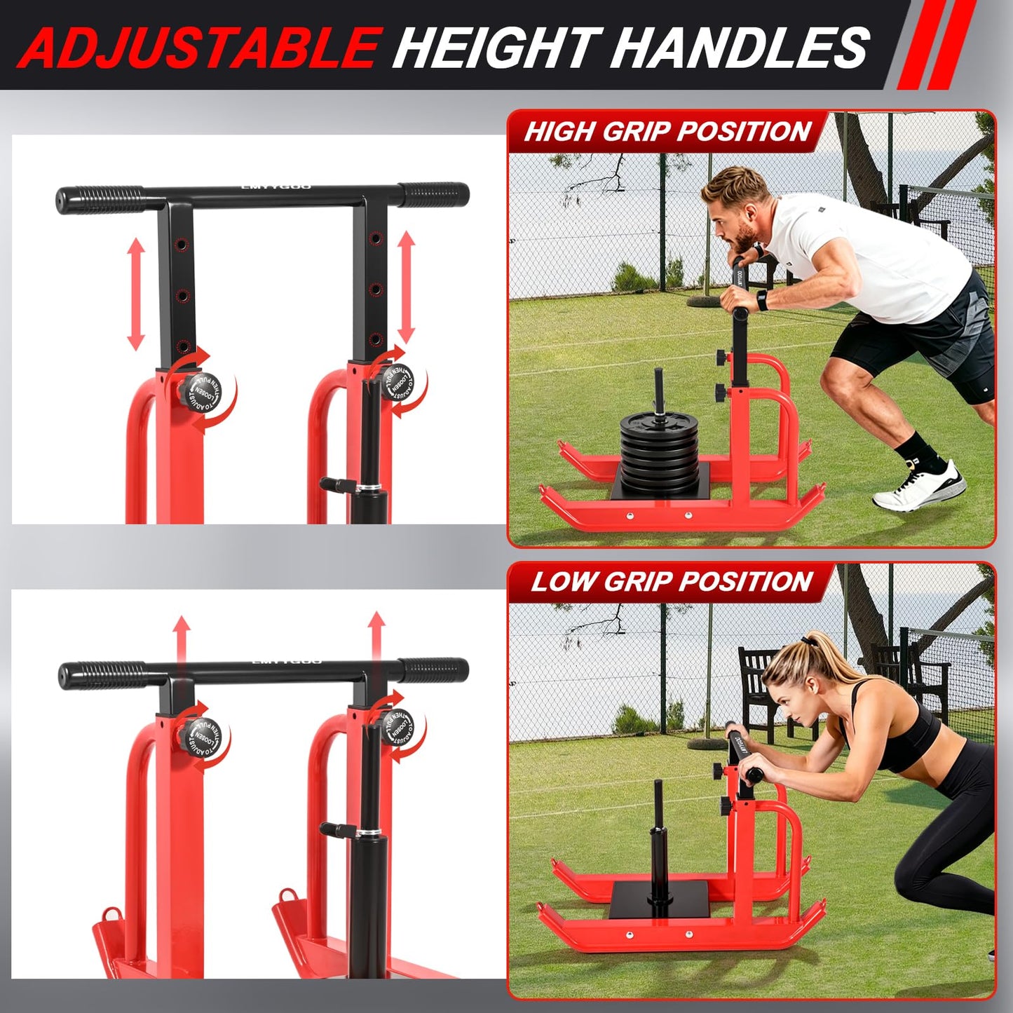 Heavy-Duty Adjustable Training Sled, 5-Level Height Adjustment, Push/Pull Dual-Use, Compatible with 1" & 2" Weight Plates, Strength & Speed Training for Soccer, Fitness & Conditioning, All-Ages
