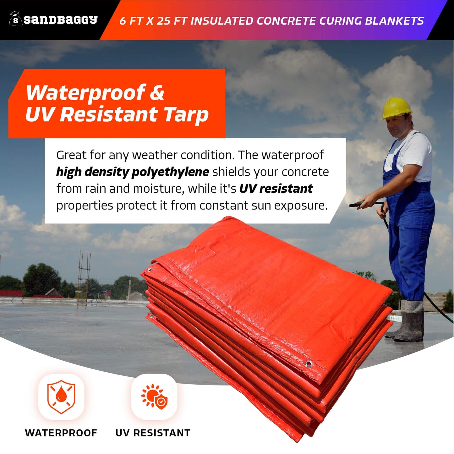 Sandbaggy Concrete Blankets Insulated 6 ft x25 ft with Grommets (max R-Value 3.35) - Waterproof, UV Resistant - Concrete Curing Tarp, Cement (5, 6 ft x 25 ft)