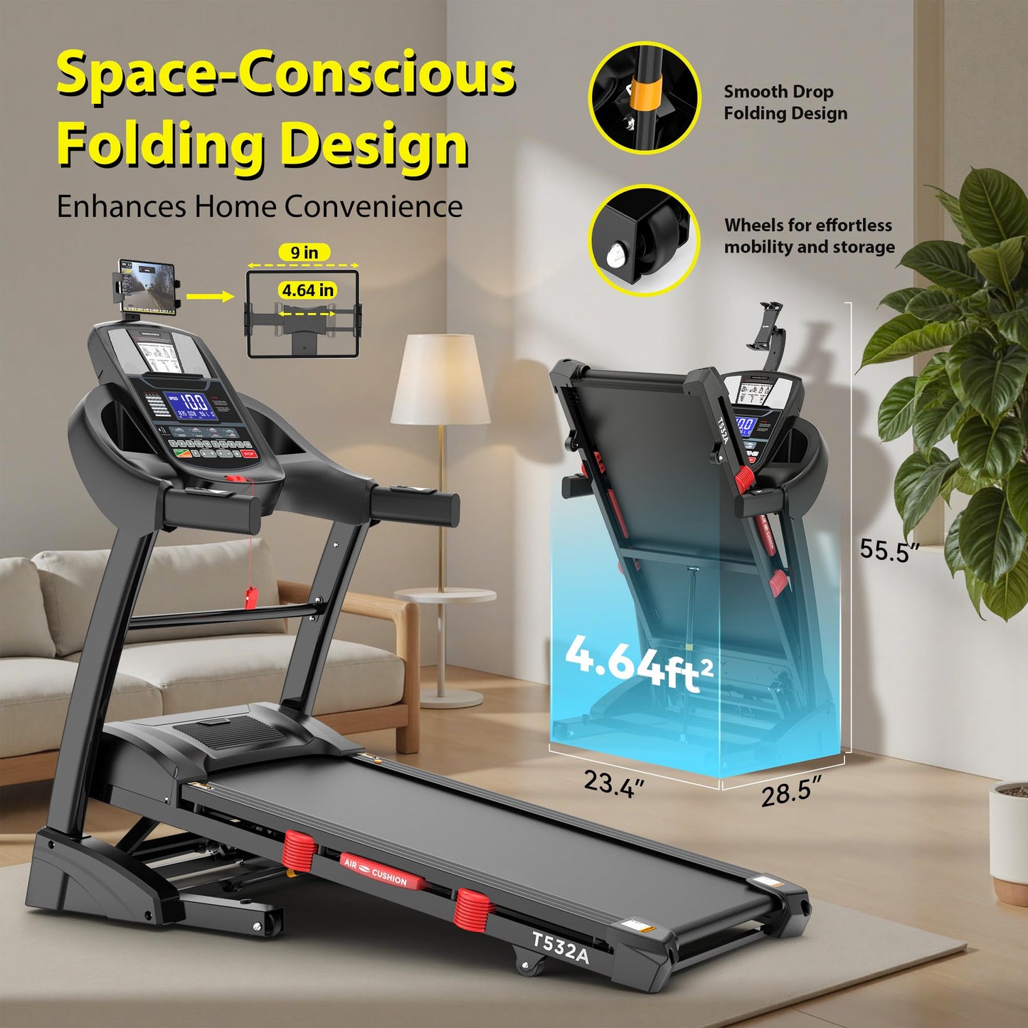 5.0 HP Folding Treadmill 400 lbs Capacity with 15% Auto Incline, Running Machine Treadmill for Home 10MPH, Bluetooth & Pulse Monitor, 71 Programs, 18" Wide Running Deck
