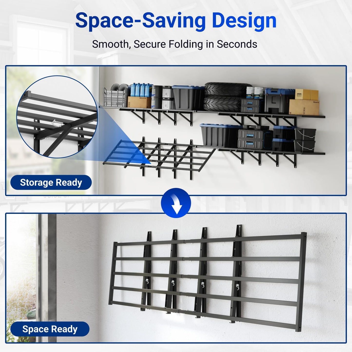 FLEXIMOUNTS 2 Pack 2x6ft Folding Garage Wall Shelves, Heavy Duty Wall Mounted Storage Rack, Holds Up to 1800 lbs,Organization System for Garage, Basement, Workshop, Black