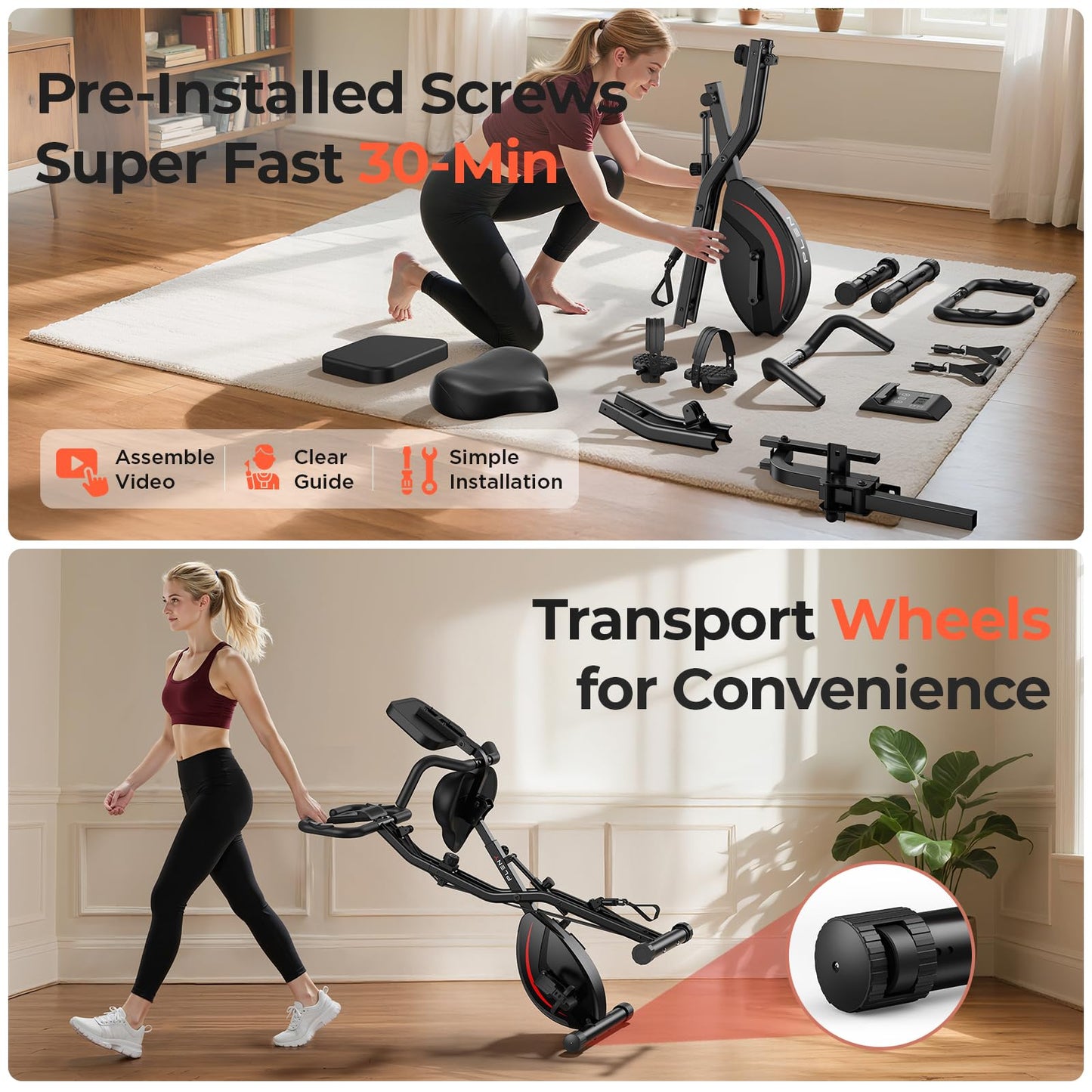 Pleny Folding Exercise Bike, 5 IN 1 Stationary Bikes for Home 6.6 LBS Flywheel, 330LB Weight Capacity Back Support Cushion Indoor Workout Cycling Bike for Home Gym, Black-red
