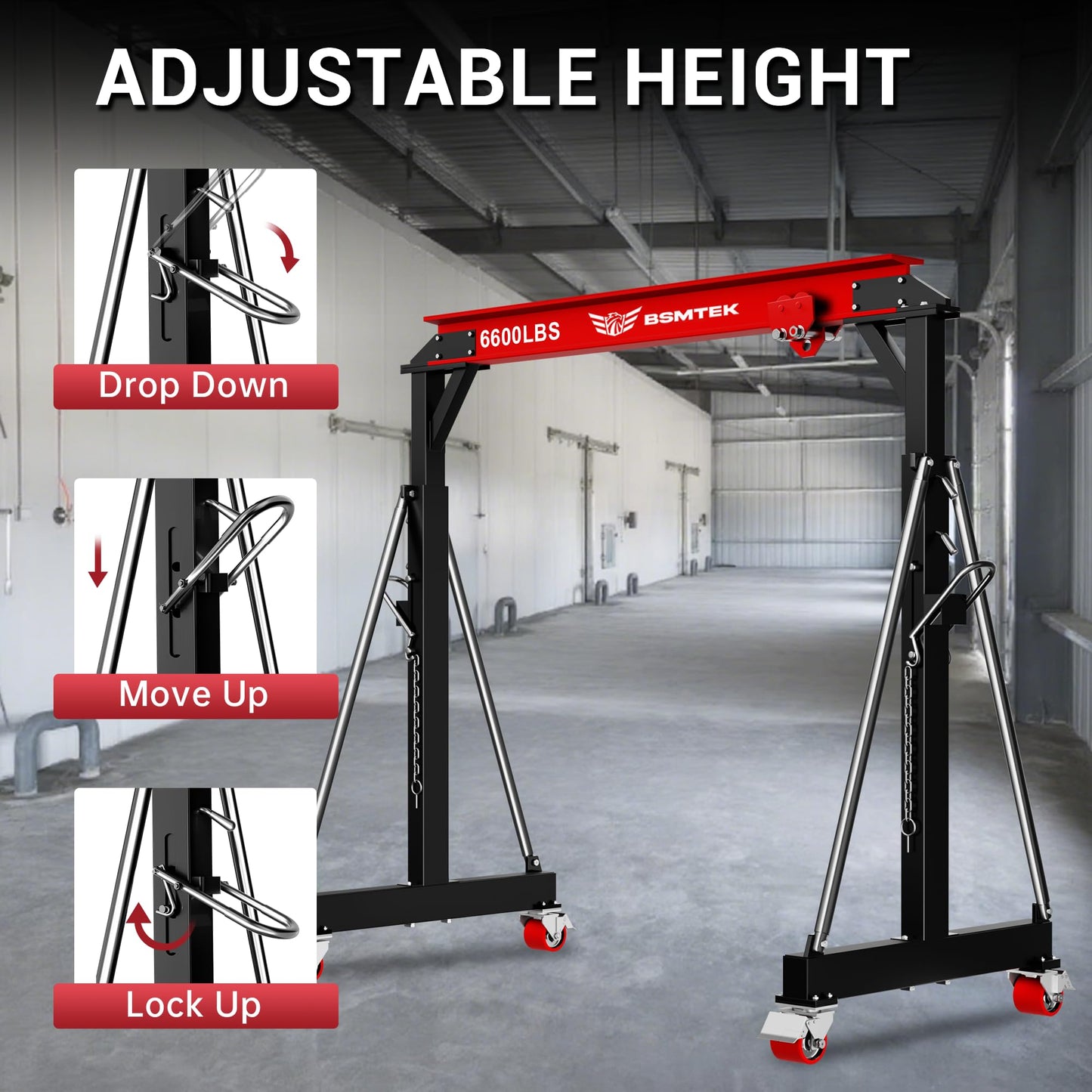 BSMTEK 3 Ton Gantry Crane MAX6600LBS, Adjustable Height (8.53-12.47 FT), Width (8.53 FT), Steel I-Beam Construction, Portable Shop Hoist for Factories, Warehouses, Red