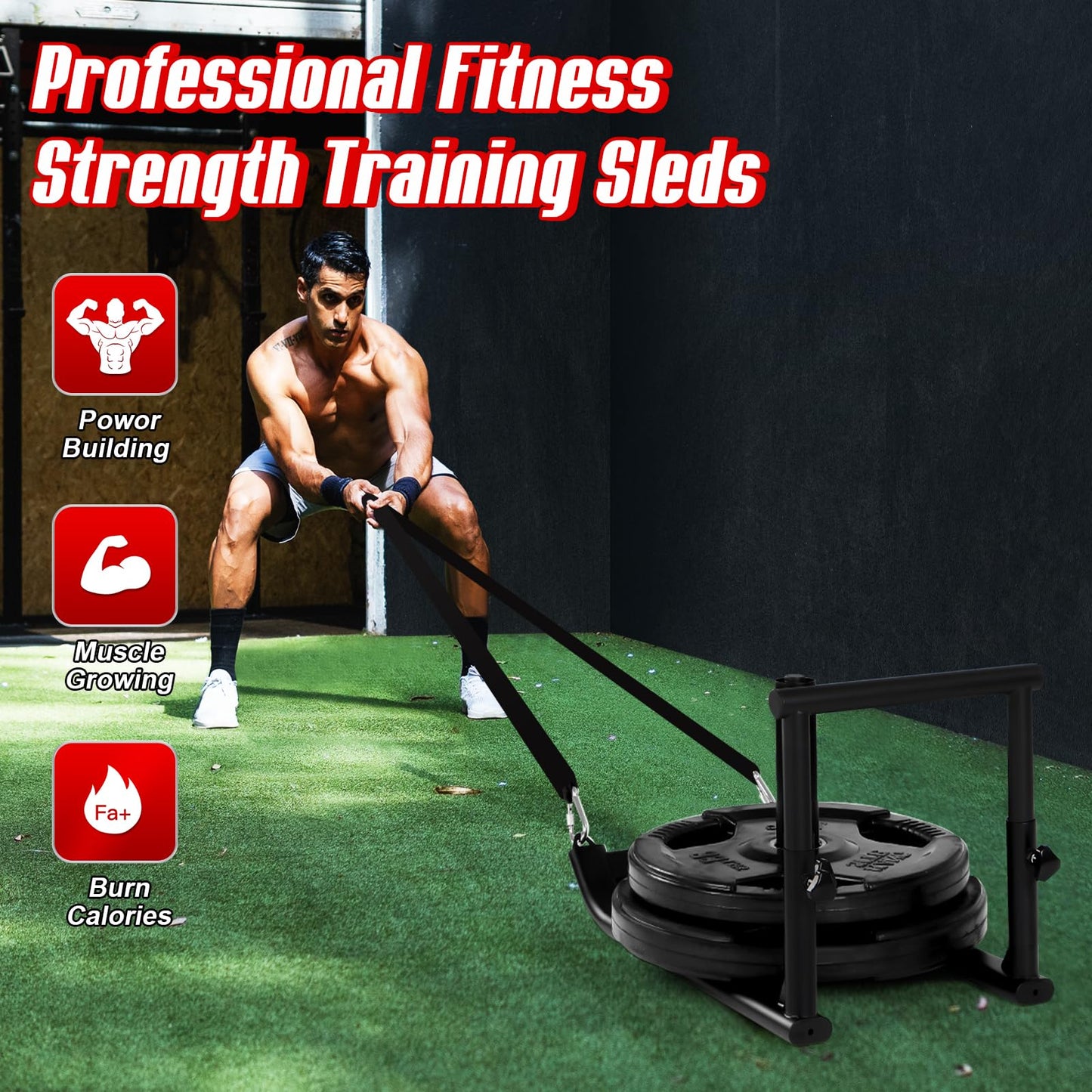 GADFISH Medium-Sized Workout Fitness Sled, Weighted Sleds Push Gym Equipment for Adults & Kids, Compatible with 1" & 2" Weight Plates, Multi-Purpose Sled for Outdoor or Home Fitness Training