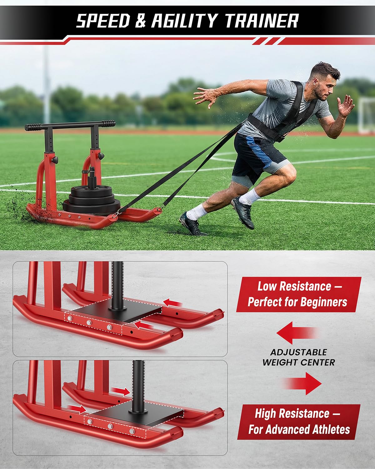 Football Sleds and Chutes, Weight Sled, Workout Fitness Sled for Training- Running Speed, Agility, Soccer, Strength, Adjustable Height Handle, Fits 1" & 2" Weight Plates