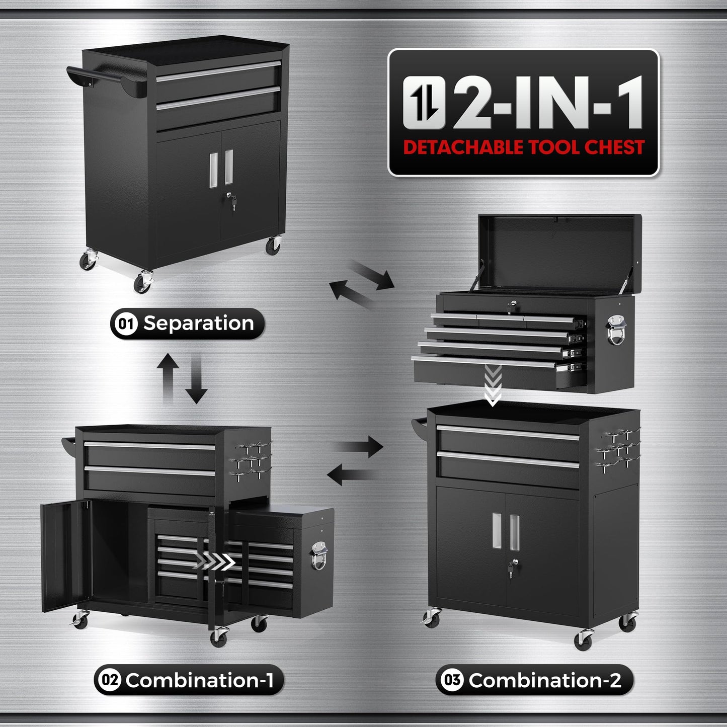 INTERGREAT 8-Drawers Rolling Tool Chest, Assembled Tool Chest with Wheels, Detachable Top Tool Box, Tool Cabinet for Repair Room,Warehouse, Rolling Tool Box with Hooks,Tray Divider,Liners(Black)