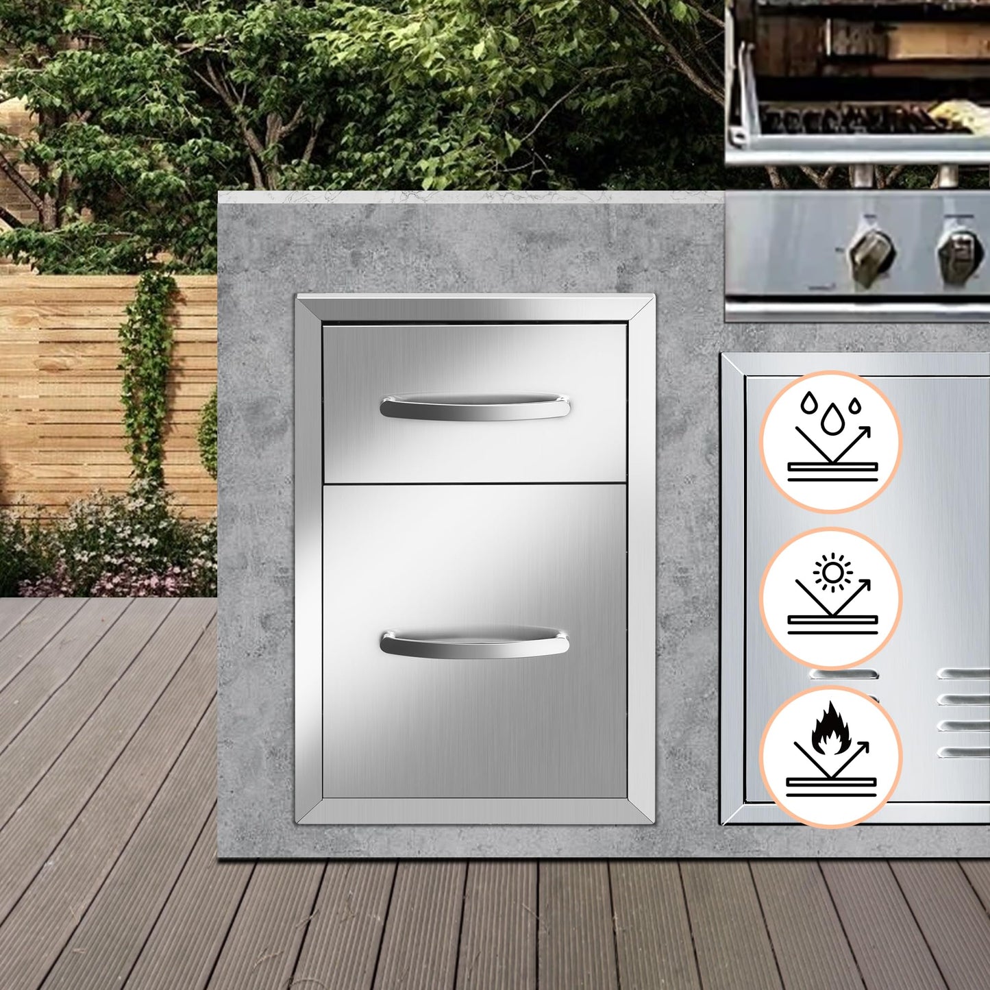 KODOM Outdoor Kitchen Double Drawers 13W x 20H x 21D Inch, Flush Mount Access BBQ Island Drawers for Outdoor Kitchens or Patio Grill Station