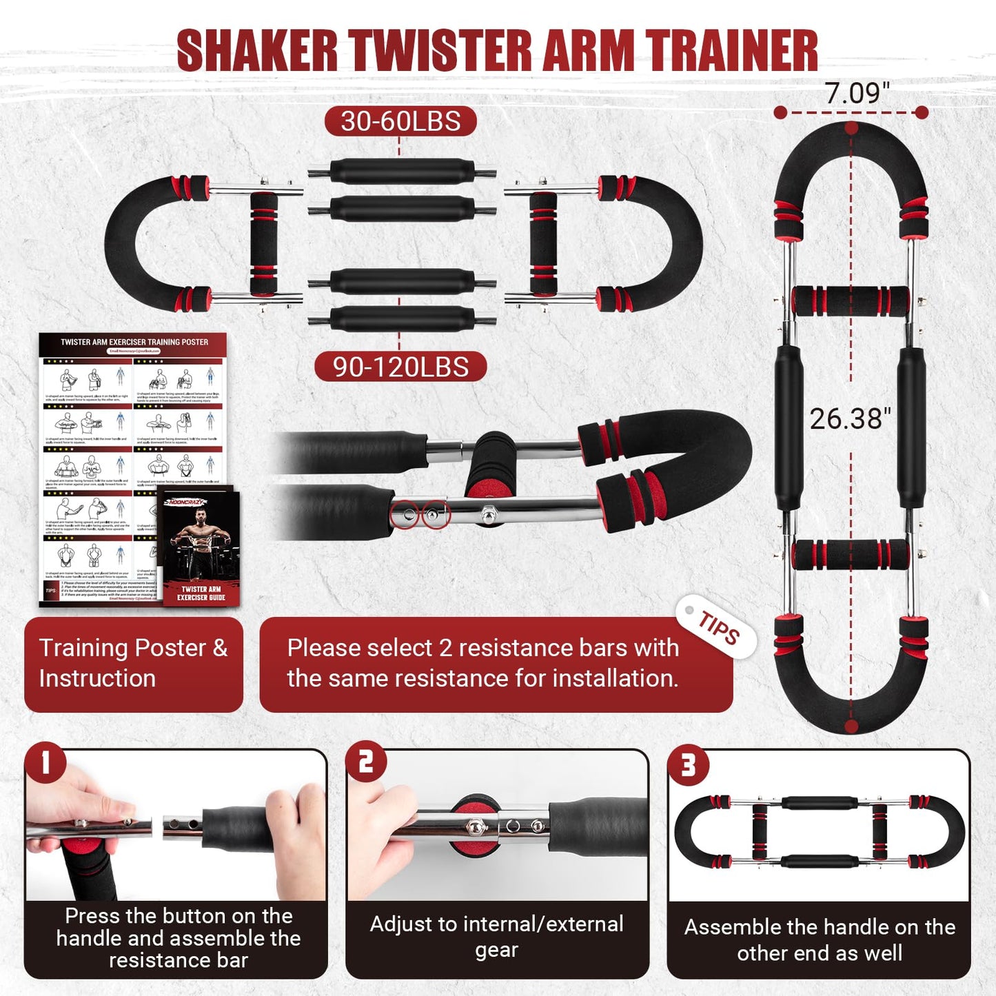Twister Arm Trainer, 30-120 lbs Adjustable Twister Arm Chest Exerciser with 4 Spring & Poster for Men & Women, Detachable Power Twister Home Fitness Equipment for Enhancing Upper Body Muscle -Red