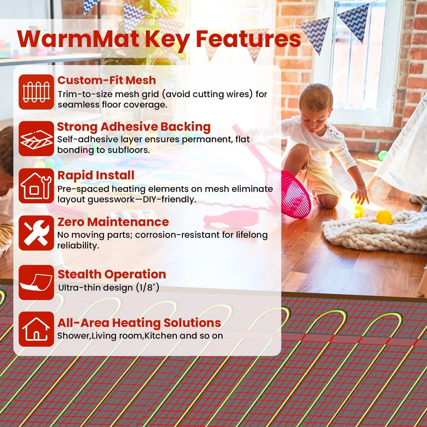 35 sqft HEATIT Warmmat Electric Radiant Self-adhesive Floor Heat Heating System & ET-7A Thermostat & Alarm Monitor