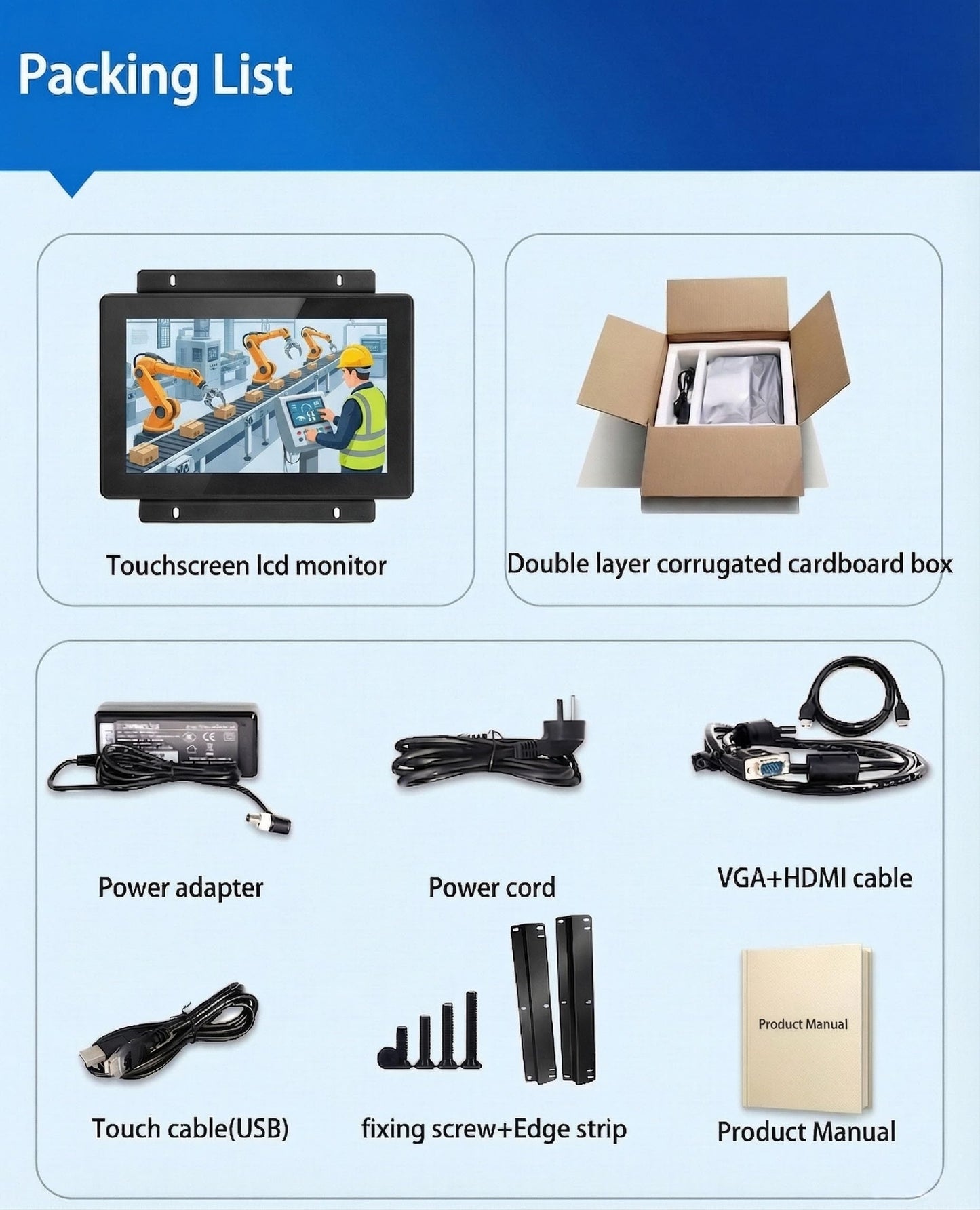 RIUIIN 18.5 Inch Industrial Touch Monitor Open Frame,1920x1080 Resolution Waterproof Impact-Resistant,dustproof and Oil Proof,VESA+Panel Mount, for Kiosk, Automation, POS，Vending,Digital Signage