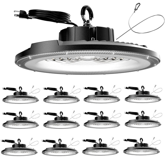 Jinshowlux UFO LED High Bay Light 200W 12 Pack 5000K 30000LM High Bay LED Shop Light with Plug Alternative to 800W MH/HPS for Warehouse Garage Workshop, AC100-277V。