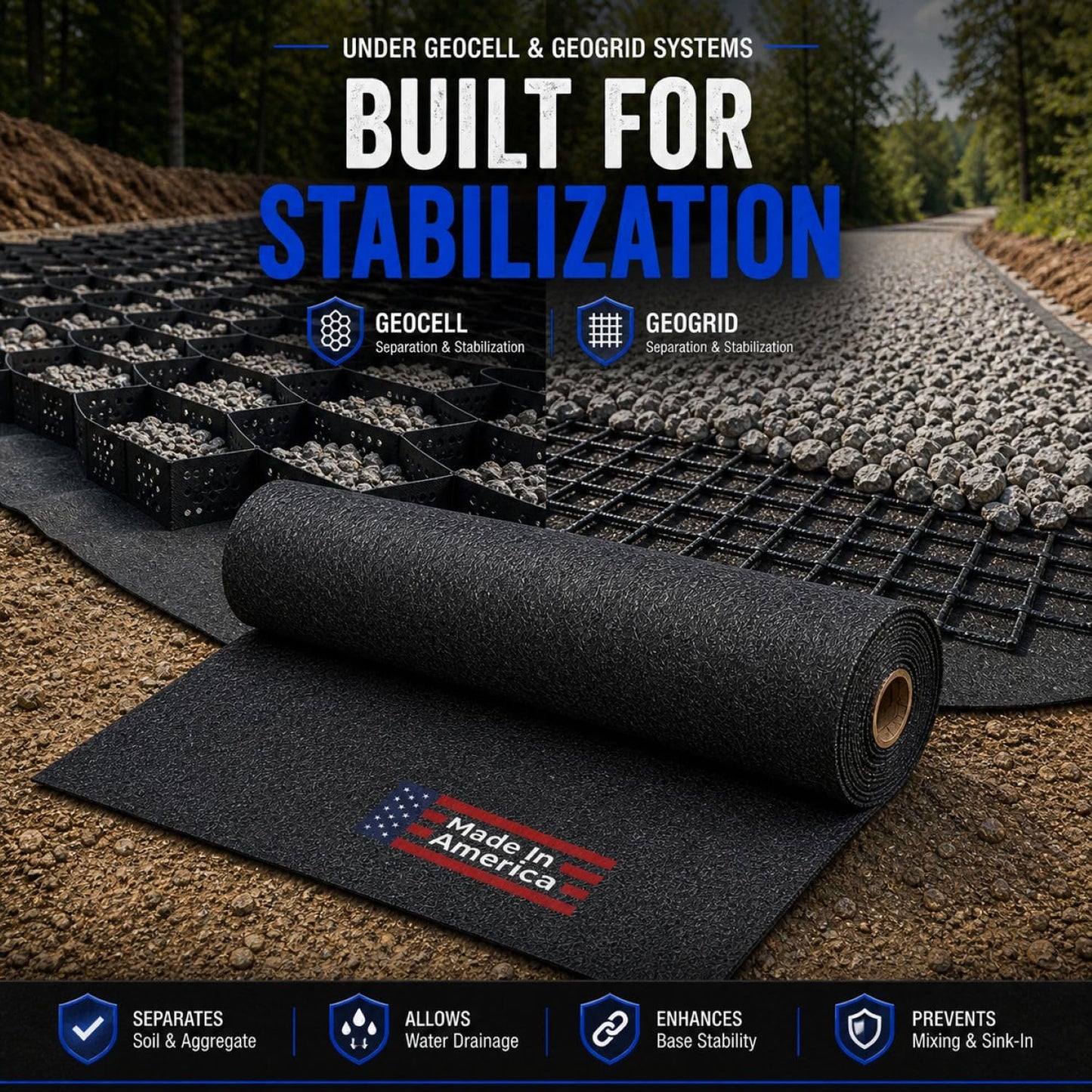 Sandbaggy Geogrid & Geocell Underlayment Fabric | Non-Woven Geotextile (8 oz) – Soil Stabilization for Driveways, Roads & Gravel – Erosion Control for Slopes & Walls | USA Made (10 ft x 100 ft Roll)