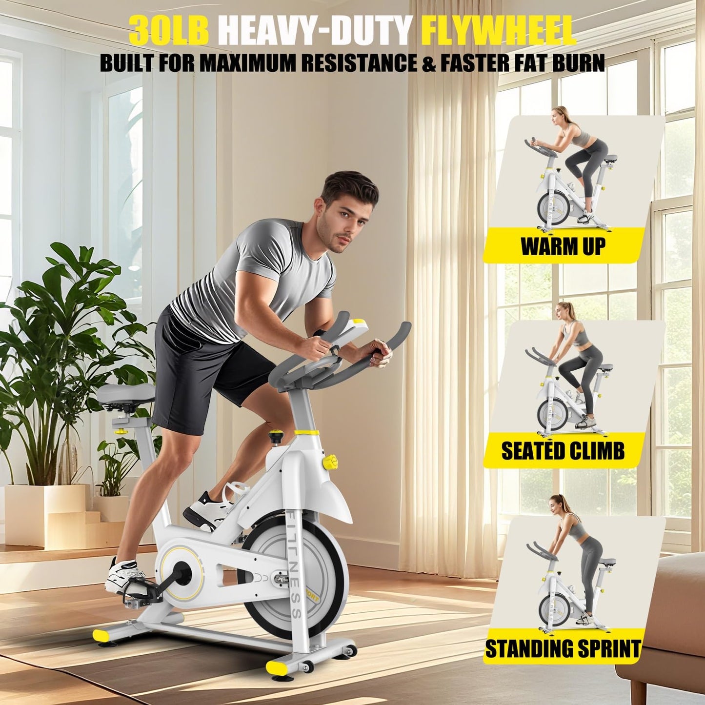 Indoor Exercise Bike with Bluetooth LCD Monitor, 30 lbs Flywheel, 330 lbs Weight Capacity, Adjustable Seat, Tablet Mount