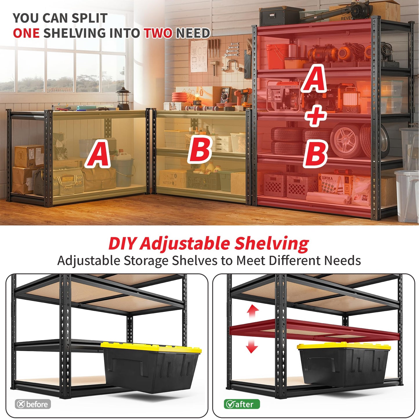 REIBII 2400LBS Garage Shelving 5 Tier Storage Shelves Heavy Duty, Adjustable Metal Shelving Unit,Garage Shelves for Basement,Warehouse,Pantry,Closet,Kitchen 72" H x 36" W x 16" D,2 Pack