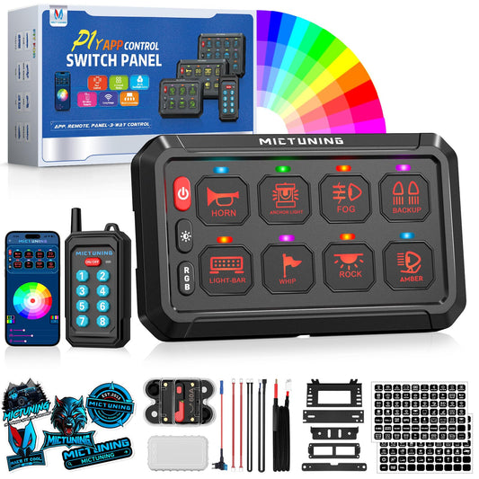 MICTUNING P1Y 8 Gang Switch Panel, Remote and APP Control, Up to 230FT, Adjustable Strobe Pulse Momentary, 6-Level Dimming, 12-24V Waterproof Multifunction Toggle Switch for Car Boat RV Truck Offroad