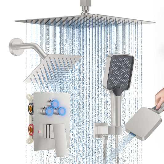 Shower Faucet Set, 12" Ceiling Mount Rainfall Shower System with 2 Rain Shower Head and Multi-function Handheld Head Push Button Diverter Shower Faucet Trim Kit (12", Brushed Nickel)