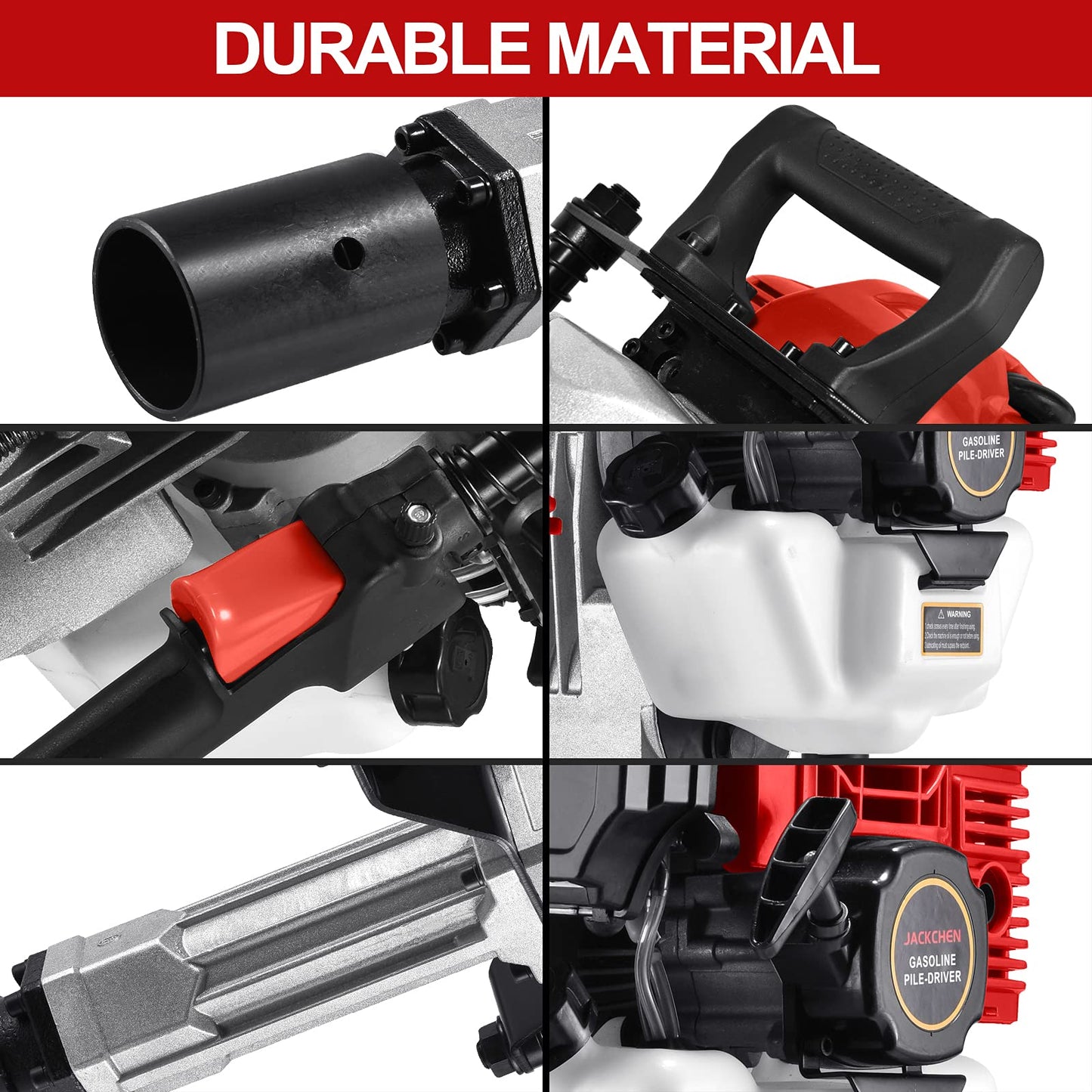 52CC Gas Powered T-Post Driver, JACKCHEN 1900W Two Stroke Garden Fencing Tool Farm Piling Driver, Air Cooling Single Cylinder Gasoline Petrol Garden Fencing Tool Machine with 2 Post Driving Head