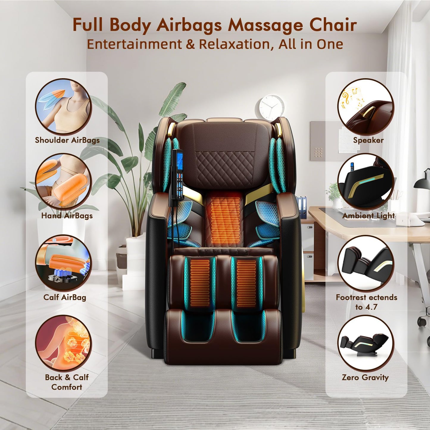 Massage Chair Full Body Zero Gravity Recliner, Shiatsu Massage Chair with 12 Rollers & 6 Airbags, Foot Massage, Extendable Calfrest, Bluetooth Speaker, Auto Modes, Black/Brown