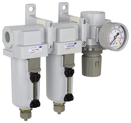 PneumaticPlus SAU430-N04G-MEP 3 Stage Compressed Air Filter Dryer System - Particulate Air Filter, Coalescing Air Filter, Compressed Air Pressure Regulator Combo, 1/2" NPT - Metal Bowl, Manual Drain