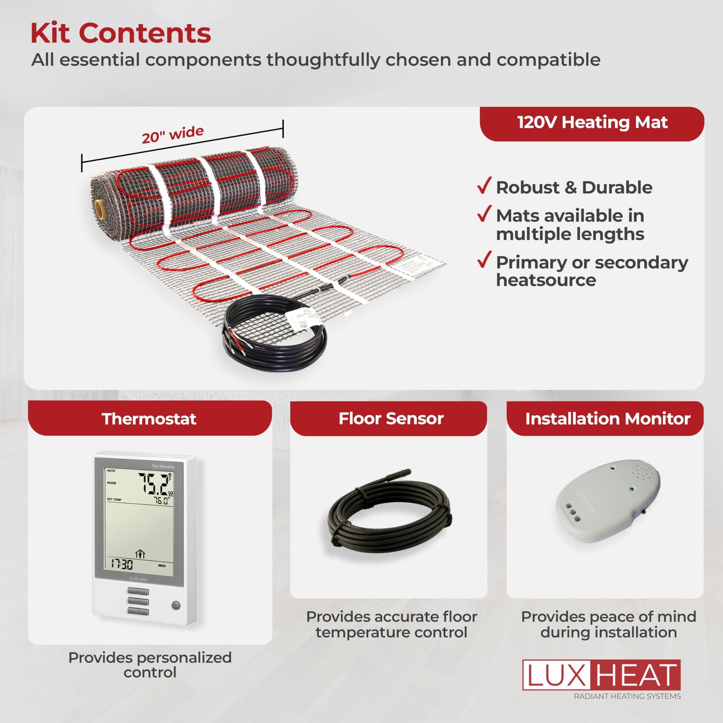 LuxHeat 25sqft Floor Heating Mat Kit – 120v Electric Radiant Heated Floor System – Heated Flooring System for Tile & Laminate - Includes UDG Programmable Thermostat w/GFCI, Alarm & Sensor
