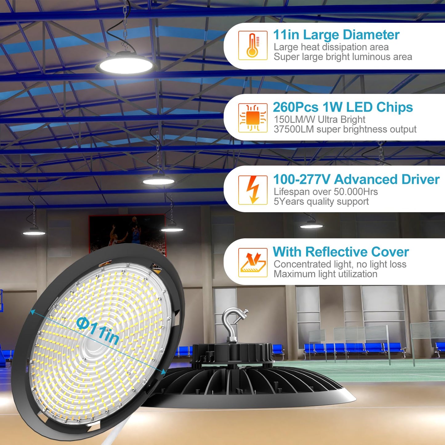 Lightdot 250W High Bay LED Shop Light 100-277V 37500Lm Commercial High Bay Lights Plug and Play UFO LED Lights for Warehouse Workshop Barn 5 Yrs Warranty-6Pack