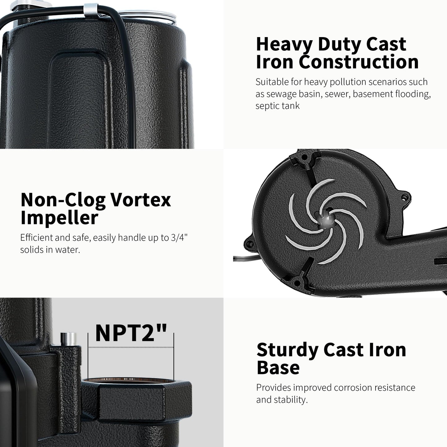 LANCHEZ 1.5 HP 53FT Submersible Sewage Pump, Heavy Duty Cast Iron Effluent Pump with Automatic Tethered Float Switch, Sump Pump for Sump Basin, Basement, Residential, 2" NPT Discharge, Black