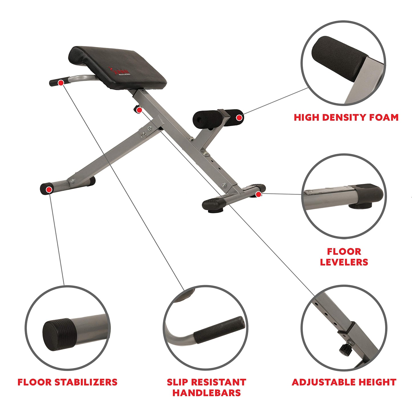 Sunny Health & Fitness 45-Degree Hyperextension Roman Chair with Adjustable Height and Back, Glute, Hamstring, and Ab Workouts Foldable Sit Up Gym Bench for Home, Gray - SF-BH6629